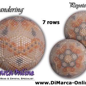 May include: Image of three Peyote Balls, handcrafted with seed beads. The balls feature a geometric pattern in shades of peach, silver, and cream. The text "Meandering" and "7 rows" are visible. The bottom of the image includes the text "DiMarca Online".