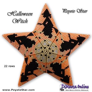 May include: A 22-row peyote star beading pattern featuring a Halloween witch with a black cat. The star is orange and black with a white center. The pattern is called "Halloween Witch" and is available on PeyoteStar.com.