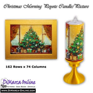 May include: A gold-framed picture and a candle with a Christmas tree design. The picture and candle have a beaded appearance. The candle sits on a gold base. The text on the image reads "Christmas Morning Peyote Candle/Picture."