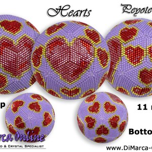 May include: A purple and red beaded heart-shaped peyote ball with 11 rows. The top and bottom of the ball are shown, with the top having a larger heart in the center.