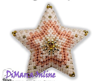 May include: A pink and white beaded star ornament with gold accents. The star is 10 rows of beads and has a gold loop at the top for hanging. The ornament is made by DiMarca Online.