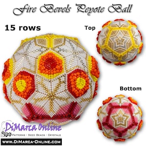 May include: A beaded Peyote ball with the text "Fire Bevels Peyote Ball" and "15 rows". The ball is white, orange, yellow, and red. The top and bottom views are also shown. The website address is www.dimarca-online.com.