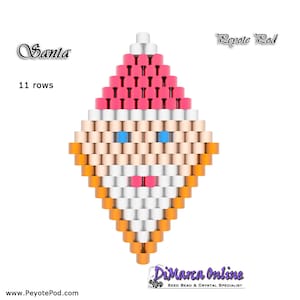 May include: A beading pattern for a Santa Claus face, using peyote stitch. The pattern is 11 rows long and features a red hat, white beard, and orange trim.