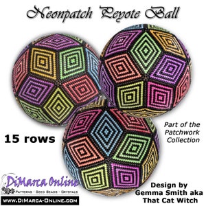 May include: Three colorful beaded balls with a geometric pattern. The balls are made with seed beads and are part of the Patchwork Collection. The balls are 15 rows high. The design is by Gemma Smith aka That Cat Witch.