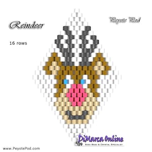 May include: A beading pattern for a reindeer with a brown body, white antlers, and a pink nose. The pattern is 16 rows long and is called "Reindeer". The pattern is from Peyote Pod.
