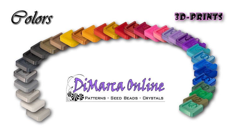 May include: A rainbow of colors in 3D printed corner pieces. The colors range from white to black, with shades of gray, brown, orange, yellow, red, pink, purple, blue, green, and teal. The text "DiMarca Online" is visible in the center of the image. The text "Colors" is visible in the top left corner of the image. The text "3D-PRINTS" is visible in the top right corner of the image.