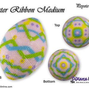 以下が含まれることがあります： ピンク、ブルー、グリーン、イエローのリボン模様のビーズでできたイースターエッグ。卵は11列で、"Easter Ribbon Medium"とラベル付けされています。