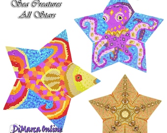 Tutorial 27-30 rows - 3D Peyote Star Beading Pattern SEA CREATURES ALL Stars (3 x) with Basic Instructions