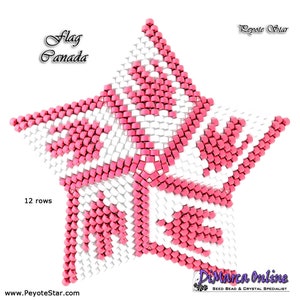 May include: A pink and white peyote star bead pattern with 12 rows, depicting the Canadian flag. The pattern is called "Flag Canada" and is a peyote star design.