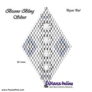 May include: A diamond-shaped beadwork design in silver and light blue, featuring three clear crystal accents. The text "Bicone Bling Silver" and "Peyote Pod" are displayed. The design has 18 rows. The DiMarca Online logo and website address are also visible.