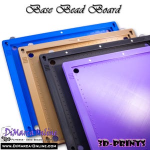 May include: A stack of four rectangular bead boards in blue, gold, black, and purple. Each board features a raised border, small circular indentations along the edges, and corner holes. The text Base Bead Board is printed at the top.