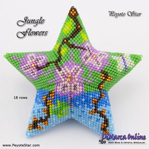 May include: A green, blue, and pink beaded star with a flower design. The star is 18 rows and has the text "Jungle Flowers" and "Peyote Star" on it.