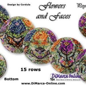 May include: A colorful beaded ball with a floral and face design. The ball is made of seed beads and is 15 rows high. The design is called "Flowers and Faces" and is by Cordula. The ball is a peyote ball.