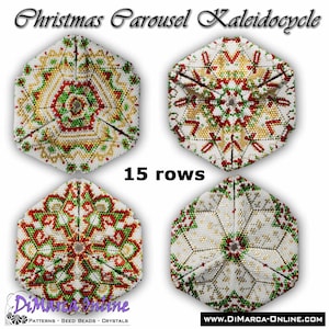 May include: Four beaded Christmas ornaments in a kaleidoscope pattern with red, green, gold, and white beads. The ornaments are 15 rows of beads tall. The text "Christmas Carousel Kaleidoscope" and "15 rows" are visible in the image.