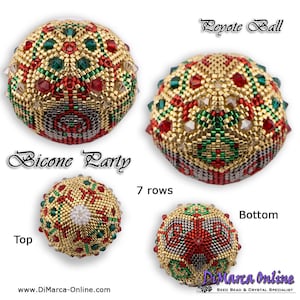 May include: A beaded Christmas ornament with a red, green, and gold color scheme. The ornament is made with bicone beads and has a geometric pattern. The ornament is shown from multiple angles, including the top, bottom, and side. The text "Bicone Party" and "7 rows" is visible in the image.