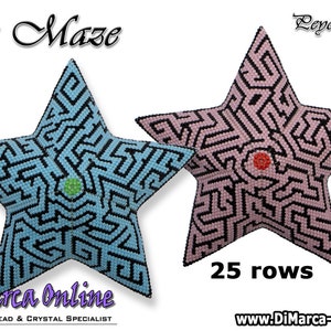 May include: Two star-shaped beaded pillows with a black maze pattern. The pillow on the left is light blue and the pillow on the right is pink. The text "The Maze" is at the top of the image and "Peyote Star" is at the top right. The text "25 rows" is below the pillows.