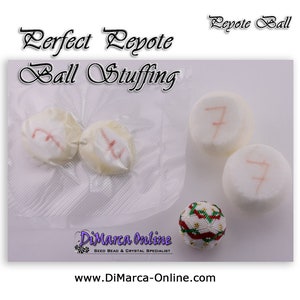 May include: White styrofoam balls with the number 7 written on them, used for stuffing a peyote ball ornament. A finished peyote ball ornament with red, green, and white beads is also shown.