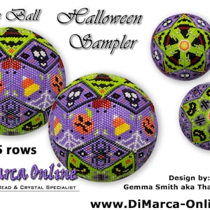 May include: A Halloween-themed peyote ball beading pattern with 15 rows. The pattern features a variety of Halloween icons, including pumpkins, candy corn, skulls, and bats. The pattern is designed by Gemma Smith aka That Cat Witch and is available on DiMarca Online.