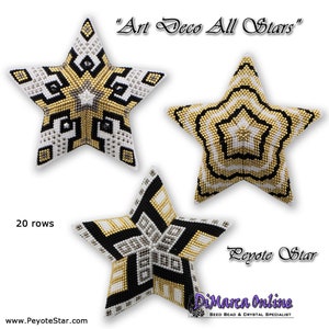 Puede incluir: Tres adornos de estrellas de cuentas en negro, blanco y dorado. Las estrellas tienen 20 filas de alto y están hechas con el punto de peyote. El texto de la imagen dice "Art Deco All Stars" y "Peyote Star".