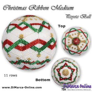 May include: A white beaded Christmas ornament with red, green, and gold accents. The ornament is labeled "Christmas Ribbon Medium" and "Peyote Ball". The bottom of the ornament is also shown, along with two top views.