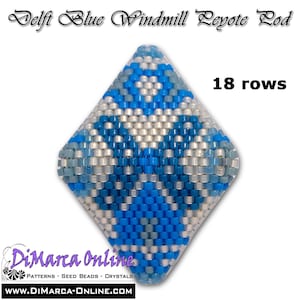 May include: Delft Blue Windmill Peyote Pod, a diamond-shaped beadwork design. The pod features a pattern of blue, light blue, and silver beads, with the text "18 rows". The DiMarca Online logo and website address are at the bottom.