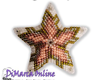 May include: A beaded star ornament in white, peach, gold, and green colors. The star is 10 rows high and has a peyote stitch pattern. The text "Christmas Flowers 6 Peyote Star" and "DiMarca Online" is visible in the image.