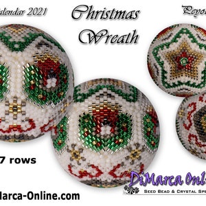 May include: A Christmas wreath beading pattern for a 7-row peyote ball. The pattern features a white background with red, green, and gold beads. The image shows the top, bottom, and side views of the finished bead.