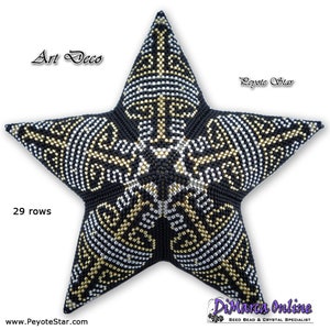 May include: A black, gold, and silver beaded star with an Art Deco design. The star is 29 rows and is called a Peyote Star.