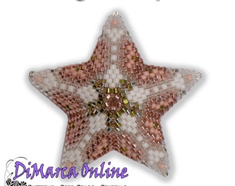 May include: A pink, white, and gold beaded star ornament with 10 rows. The star is made with seed beads and has a delicate, intricate design. The text "Christmas Flowers 4 Peyote Star" is at the top of the image and "DiMarca Online" is at the bottom of the image.