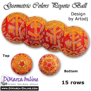May include: A geometric pattern bead ball with red, orange, and yellow colors. The ball is made of 15 rows of beads and is designed by Artodj.