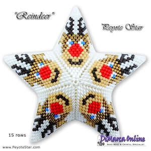 May include: A white star-shaped beaded ornament with a reindeer design. The ornament is made with small beads in various colors, including white, black, gold, red, and blue. The ornament is 15 rows high and has the text "Reindeer" and "Peyote Star" on it.