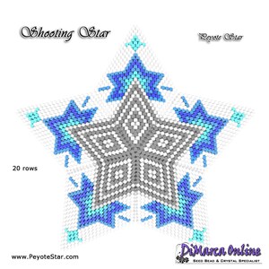 May include: A beading pattern for a shooting star, with 20 rows of beads in a star shape. The star is made with white, grey, blue, and turquoise beads. The pattern is called "Shooting Star" and is a peyote star pattern.