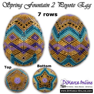 May include: A beaded egg with a geometric pattern in shades of gold, purple, blue, and turquoise. The egg is divided into two sections, labelled "Top" and "Bottom". The text "Spring Fountain 2 Peyote Egg" and "7 rows" is also visible.