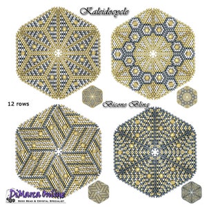Può includere: Quattro esagoni perlati in uno schema di colori oro, argento e nero. Gli esagoni sono disposti in uno schema quadrato. I due esagoni superiori sono etichettati "Kaleidoscope" e "Bicone Bling". I due esagoni inferiori sono etichettati "12 file".