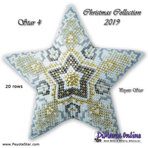 May include: A white, gold, and silver beaded star ornament with a geometric pattern. The star is 20 rows and is part of a Christmas collection. The text "Star 4" and "Peyote Star" are visible in the image.