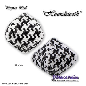 May include: Two beaded objects in a houndstooth pattern, black and white, are displayed. The text "Peyote Pod" and "Houndstooth" are above the objects. The text "18 rows" is below the objects. The website address www.DiMarca-Online.com is at the bottom.