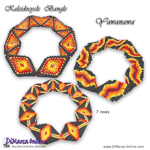 Könnte beinhalten: Drei Armreifen mit geometrischen Mustern in Schwarz, Gelb, Orange und Rot. Der Text "Kaleidocycle Bangle" und "Pawanawa" sind abgebildet. Die Armreifen sind aus Rocailles und Kristall gefertigt.