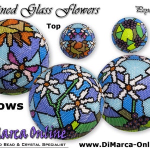May include: A close-up of a beaded, multi-colored, glass flower ball. The ball is made of seed beads and is 15 rows high. The ball is shown from different angles, including the top, bottom, and side. The text "Stained Glass Flowers" and "Leyote Ball" is visible in the image. The text "15 rows" is also visible in the image. The text "DiMarca Online" is visible in the image. The text "SEED BEAD & CRYSTAL SPECIALIST" is visible in the image. The text "www.DiMarca-Online.com" is visible in the image.