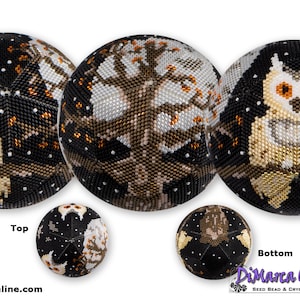 May include: A beaded owl peyote ball with 15 rows. The owl is perched on a branch with a tree in the background. The ball is black with gold, white, and brown beads. The text "Owl" and "Peyote Ball" are at the top of the image. The text "15 rows" is at the bottom left of the image. The text "Top" is at the bottom center of the image. The text "Bottom" is at the bottom right of the image. The text "www.DiMarca-Online.com" is at the bottom left of the image. The text "DiMarca Online" is at the bottom right of the image.