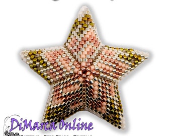 May include: A pink, gold, and silver beaded star ornament with 10 rows. The star is made with seed beads and is a peyote stitch pattern. The text "Christmas Flowers 8 Peyote Star" is at the top of the image and the text "DiMarca Online" is at the bottom of the image.