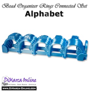 May include: A blue plastic bead organizer with five sections labeled A-E, F-J, K-O, P-T, and U-Z. The sections are connected and can be used to store and organize beads.