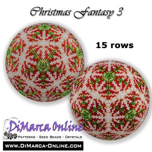 May include: Two white, red, and green beaded Christmas ornaments with gold accents. The ornaments are round and have a snowflake design. The text "Christmas Fantasy 3" and "15 rows" is visible in the image.