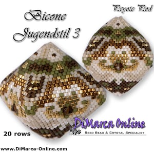 May include: Two beaded, diamond-shaped objects with a geometric pattern in shades of green, white, and gold. The text "Bicone Jugendstil 3" and "Leyote Pod" are visible. The text "20 rows" and "DiMarca Online" are also present.