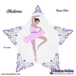 May include: A peyote star beading pattern featuring a ballerina in a pink tutu. The pattern is 25 rows and includes a purple and gray border. The text "Peyote Star" and "www.PeyoteStar.com" are included in the image.