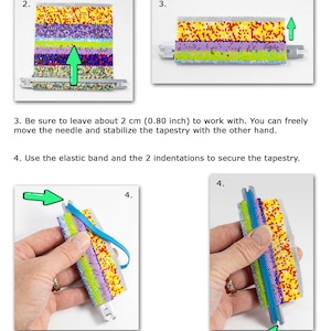 May include: A step-by-step guide on how to use a peyote tapestry holder. The holder is a metal bar with two indentations. The instructions show how to roll up the tapestry, leave a 2 cm (0.80 inch) tail, and secure the tapestry with an elastic band.