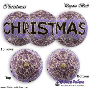 May include: Purple and gold beaded Christmas ornament with the word "CHRISTMAS" in black letters. The ornament is 15 rows high and has a top and bottom view.