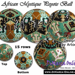 May include: A beaded ball with a geometric pattern in shades of green, black, gold, and white. The ball is made of 15 rows of beads and is called "African Mystique Peyote Ball". The design is by Artodj.