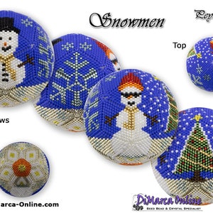 Puede incluir: Un adorno azul y blanco de cuentas con un diseño de muñeco de nieve. El adorno está hecho con punto de peyote y tiene 11 filas de alto. El adorno se muestra desde arriba, abajo y de lado. El texto "Snowmen" y "Leyote Ball" se muestra en la parte superior de la imagen.