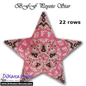 May include: A pink and brown beaded star with 22 rows. The star is made with seed beads and has a geometric pattern. The text "Beaded Peyote Star" is at the top of the image and the text "22 rows" is at the top right of the image.