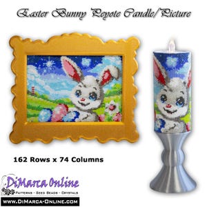 May include: A beaded picture of an Easter bunny holding colourful eggs in a gold frame. The picture is 162 rows by 74 columns. The bunny is also depicted on a beaded candle.
